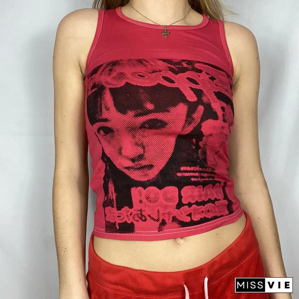 Women Trendy Portrait Letter Printed Tank Tops Summer Vest Female Round Neck Sleeveless Slim Fit Crop Tops