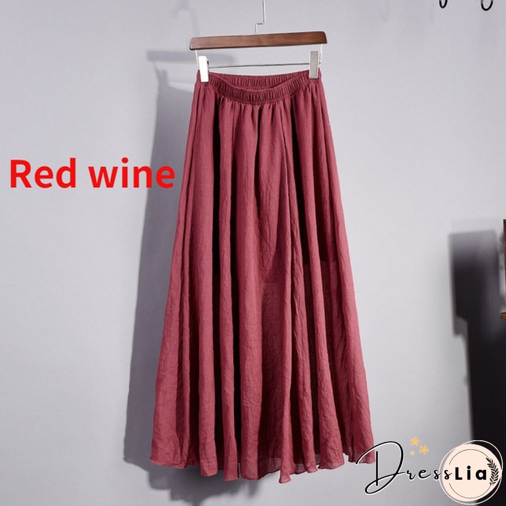 Women Cotton Linen Pleated Maxi Skirt Elastic Waist Vintage Solid Color Boho Beach Spring Summer Pleated Maxi Skirt