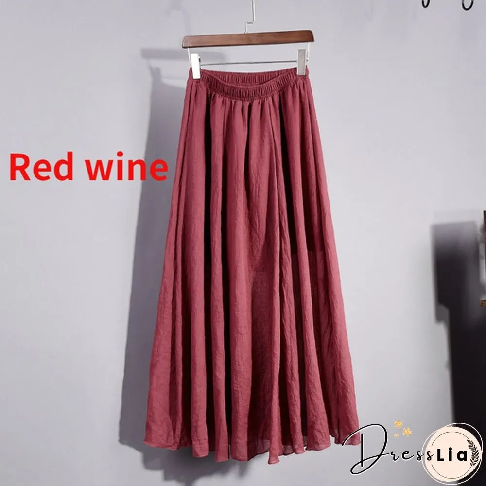 Women Cotton Linen Pleated Maxi Skirt Elastic Waist Vintage Solid Color Boho Beach Spring Summer Pleated Maxi Skirt