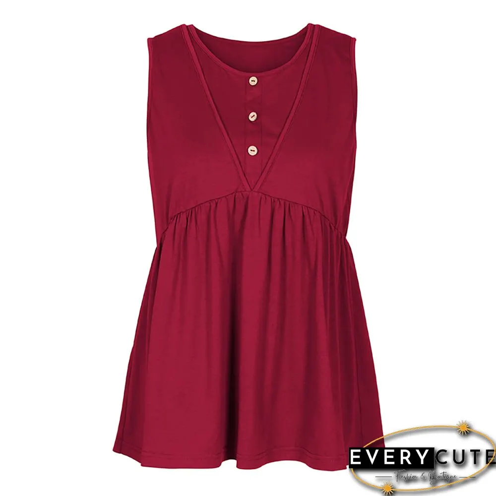 Wine Red Solid Buttoned Knit Loose Tank