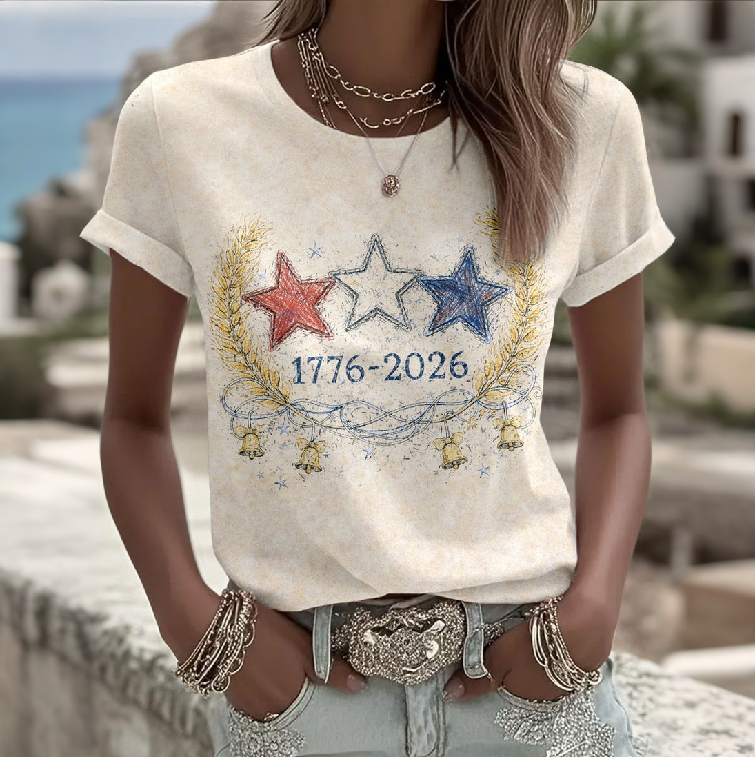  Women's Vintage Flag Art Print Tshirt Westsshops