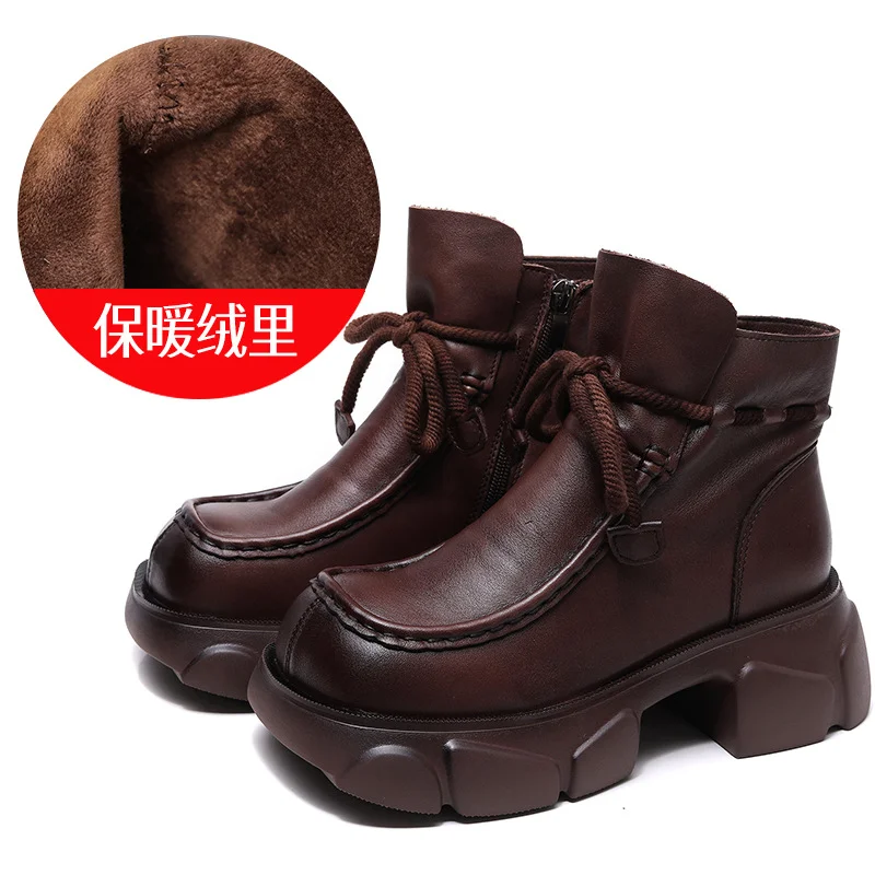 Yyvonne Layer Of Kraft Handmade Pine Cake Bottom Boots Women Autumn And Winter Retro New Bare Boots Thick Bottom Square Head Martin Boots New