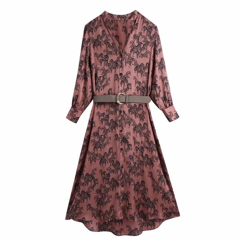 2021 New Women Animal Printing Sashes Satin Midi Dress Female Long Sleeve Clothes Casual Lady Loose Vestido D7160