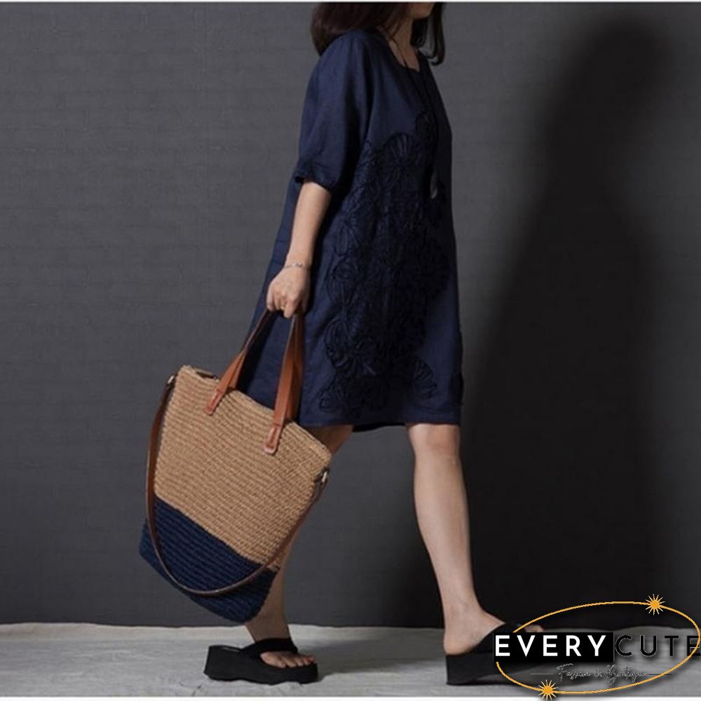 Women Fashion Summer Style T -shirt Loose Cotton Embroidered Casual Dress Plus Size Ladies Linen Dress