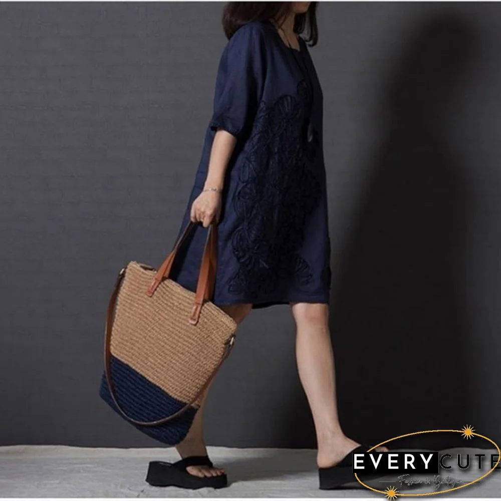 Women Fashion Summer Style T -shirt Loose Cotton Embroidered Casual Dress Plus Size Ladies Linen Dress