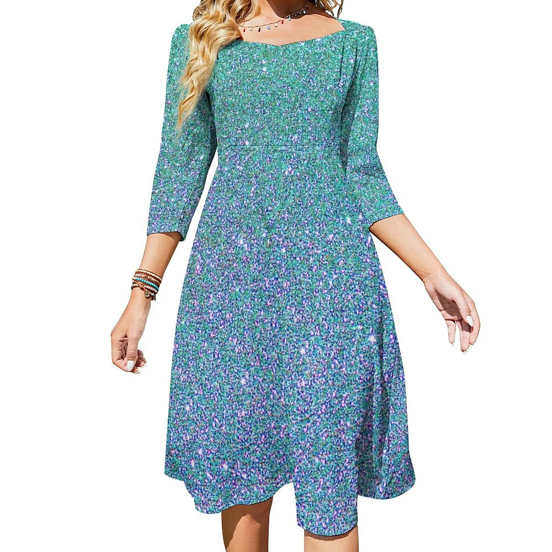 Blue Green Ombre Glitter Background Dress Sweetheart Tie Back Flared 3/4 Sleeve Midi Dresses