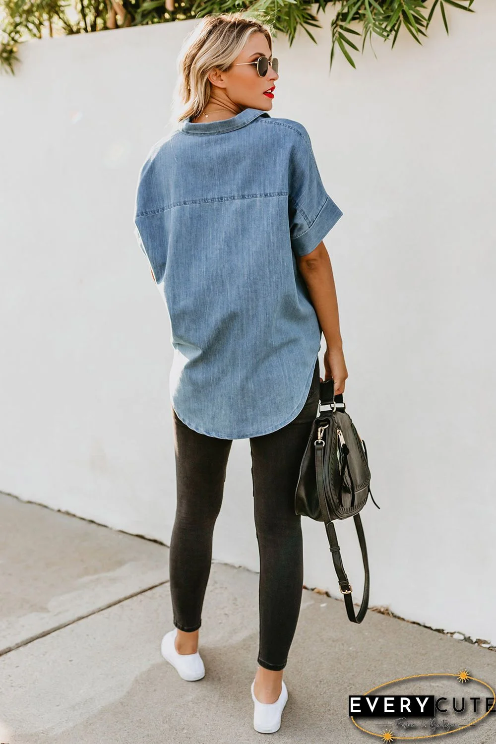 Light Blue Turn-down Collar Short Sleeve Denim Shirt