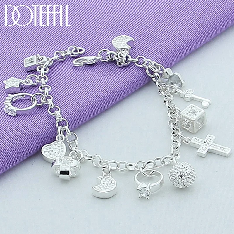 DOTEFFIL 925 Sterling Silver Moon Heart Lock Cross Bracelet For Men Woman Jewelry