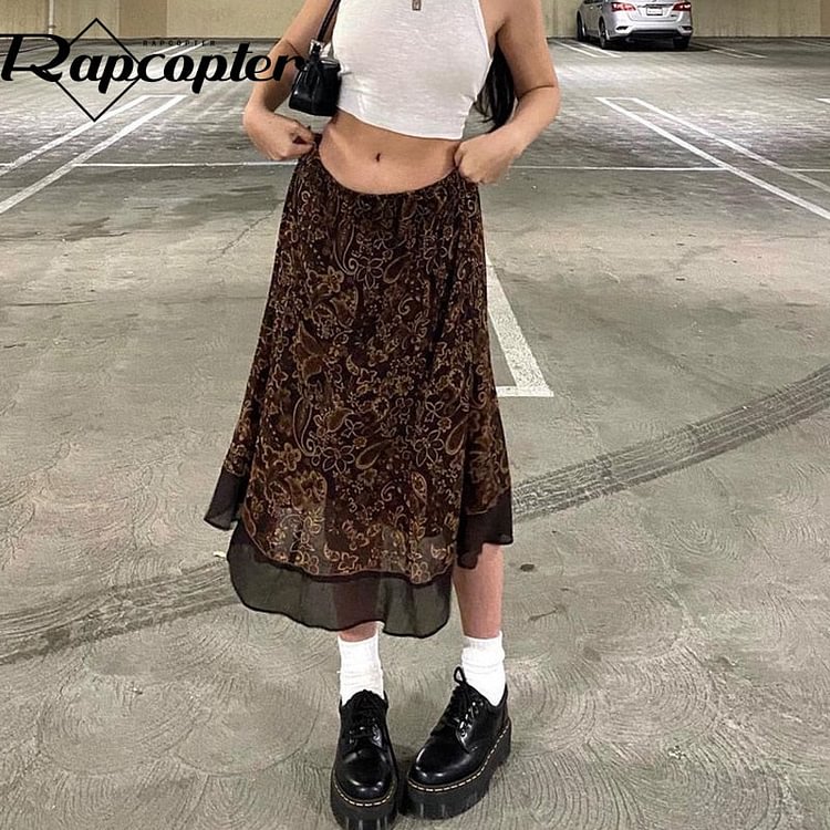Rapcopter Floral Midi Skirts Mesh y2k Low Waisted Kawaii Skirts Vintage Grunge Fairycore Casual Holiday Skirts Women Prepply 90s