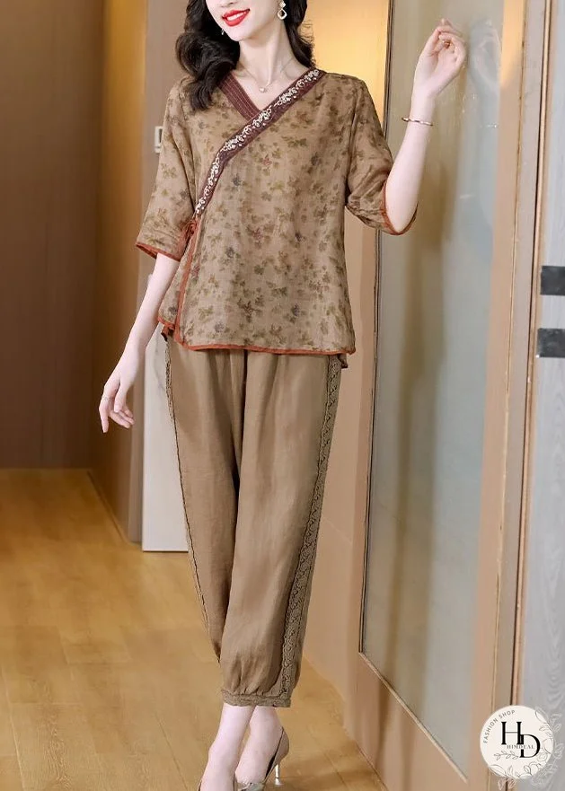 New Retro Khaki V Neck Tops And Pants Linen Two Pieces Set Summer