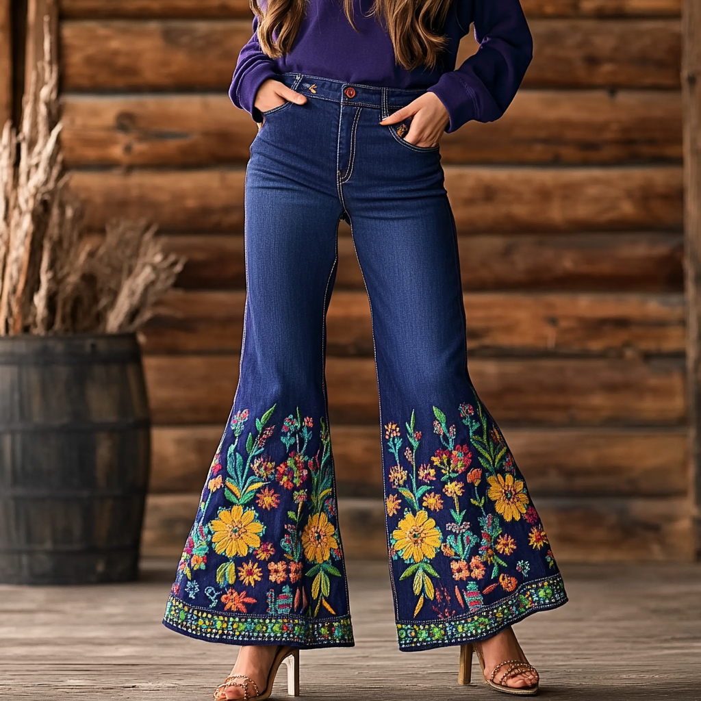 Ukrainian Sunflower Jacquard Embroidery Art Vintage Denim Flared Pants