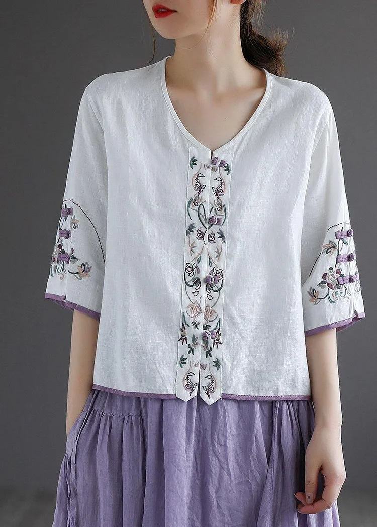 Diy White Button Embroideried Summer Linen Half Sleeve Shirt Top