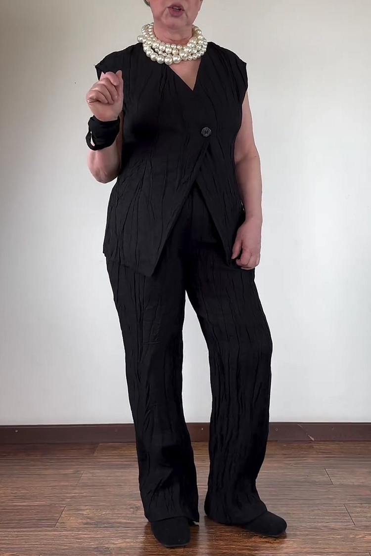 One Button Sleeveless Vest Straight Leg Pants Linen Matching Set [Pre Order]