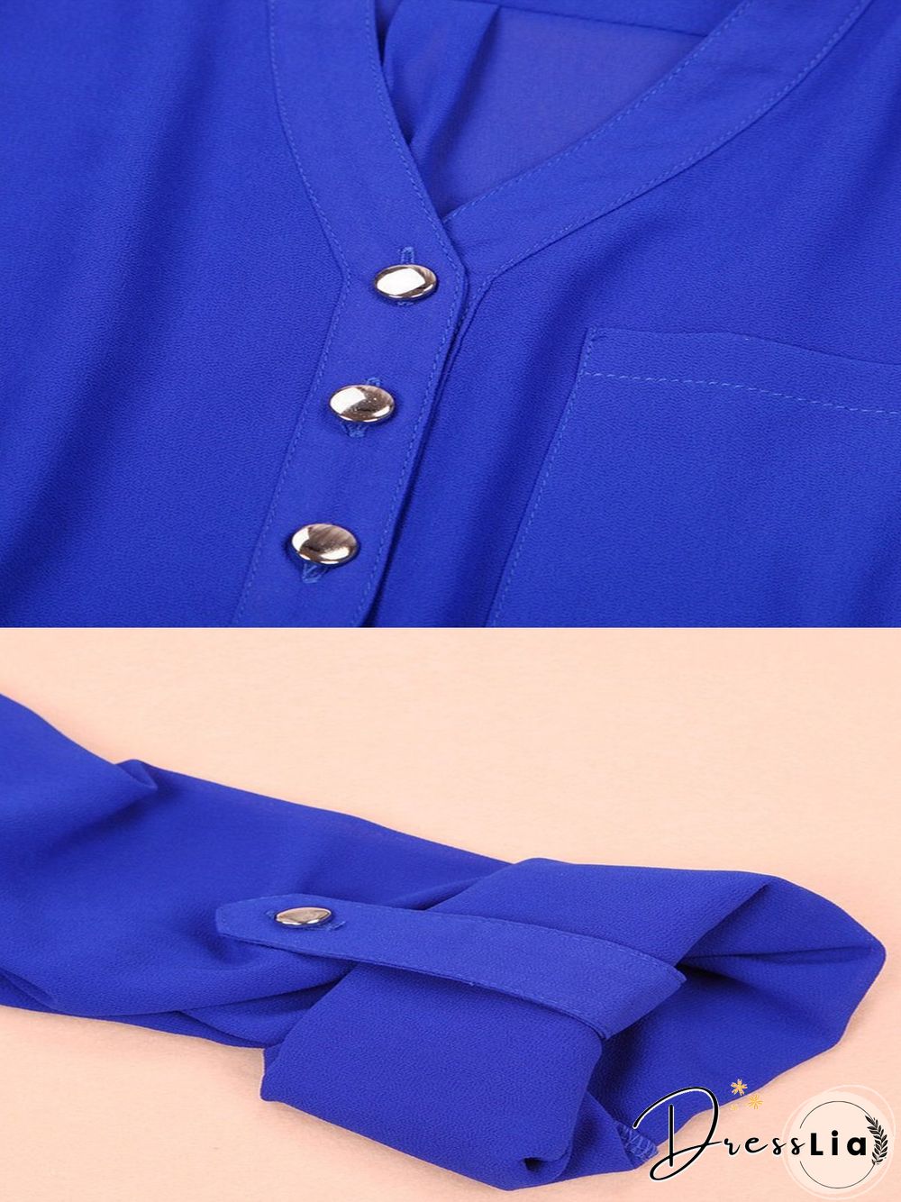 Plain Pockets V Neck Long Sleeve Plus Size Casual Shirts Tops