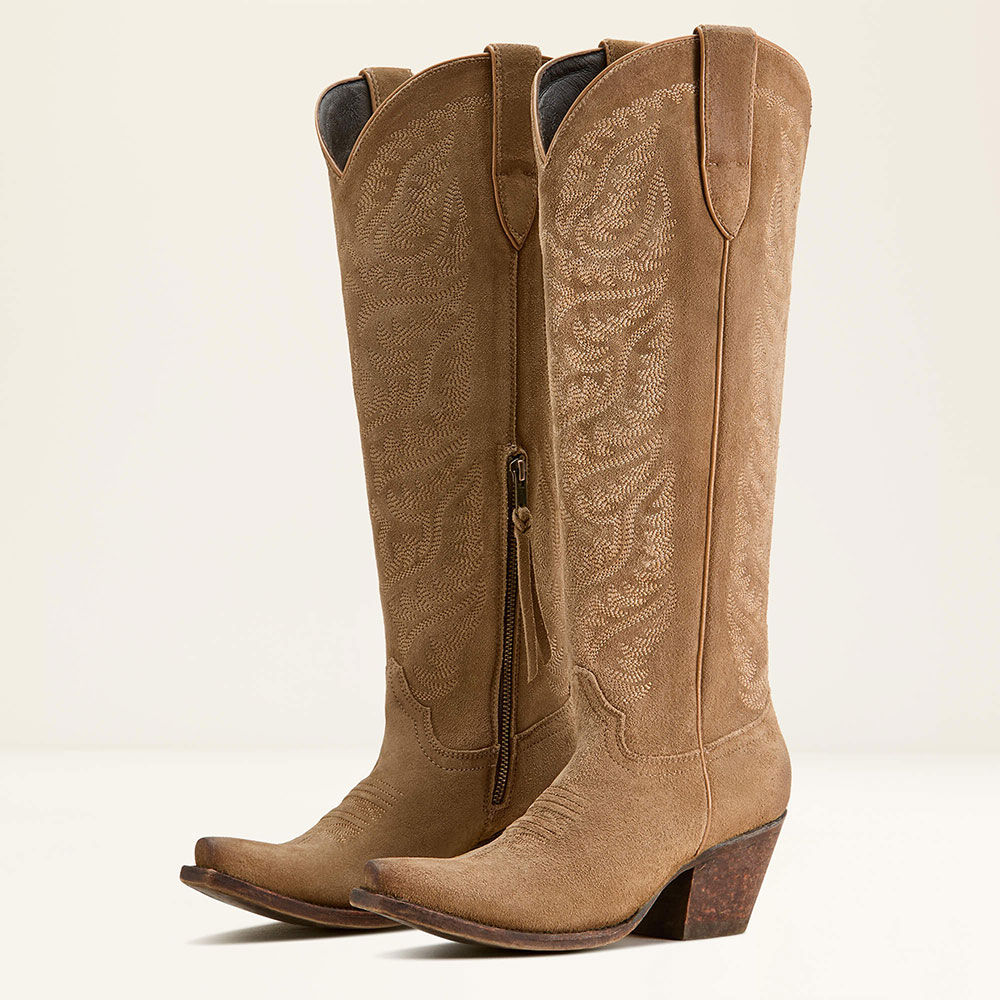 Khaki Snip Toe Chunky Heel Knee-High Cowgirl Boots with Embroidery Nicepairs