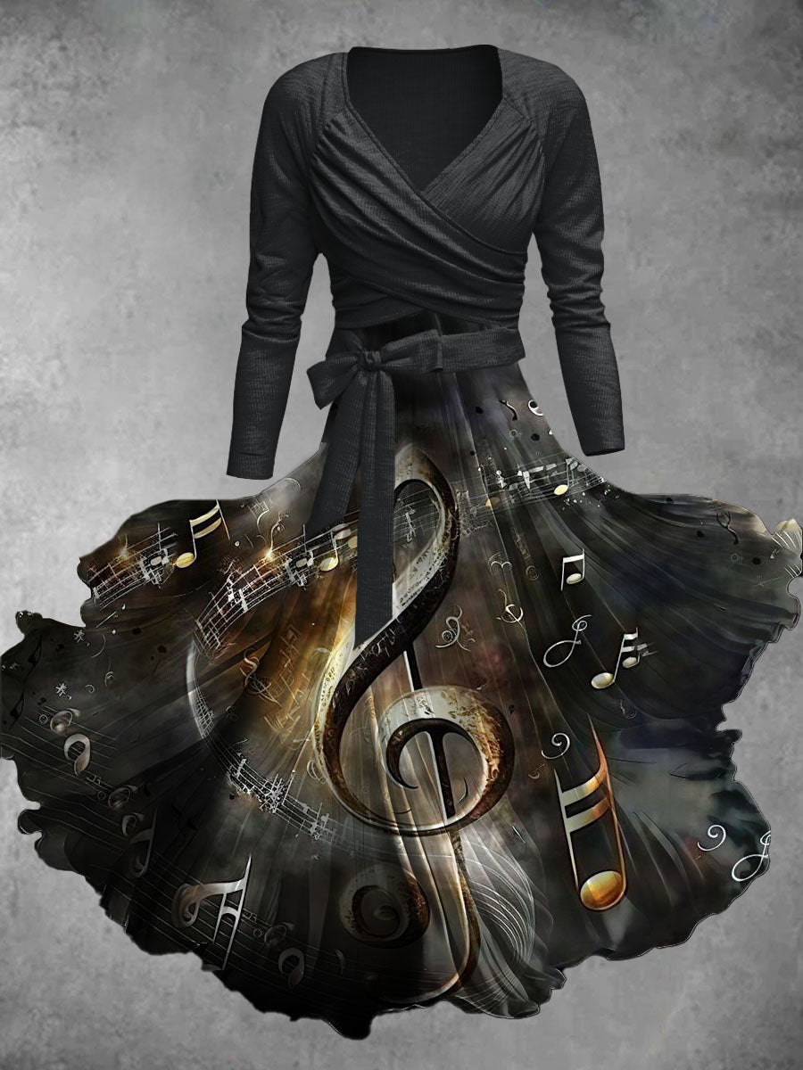 Musical Note Art Print Vintage V-Neck Long Sleeve Two-Piece Midi Dress