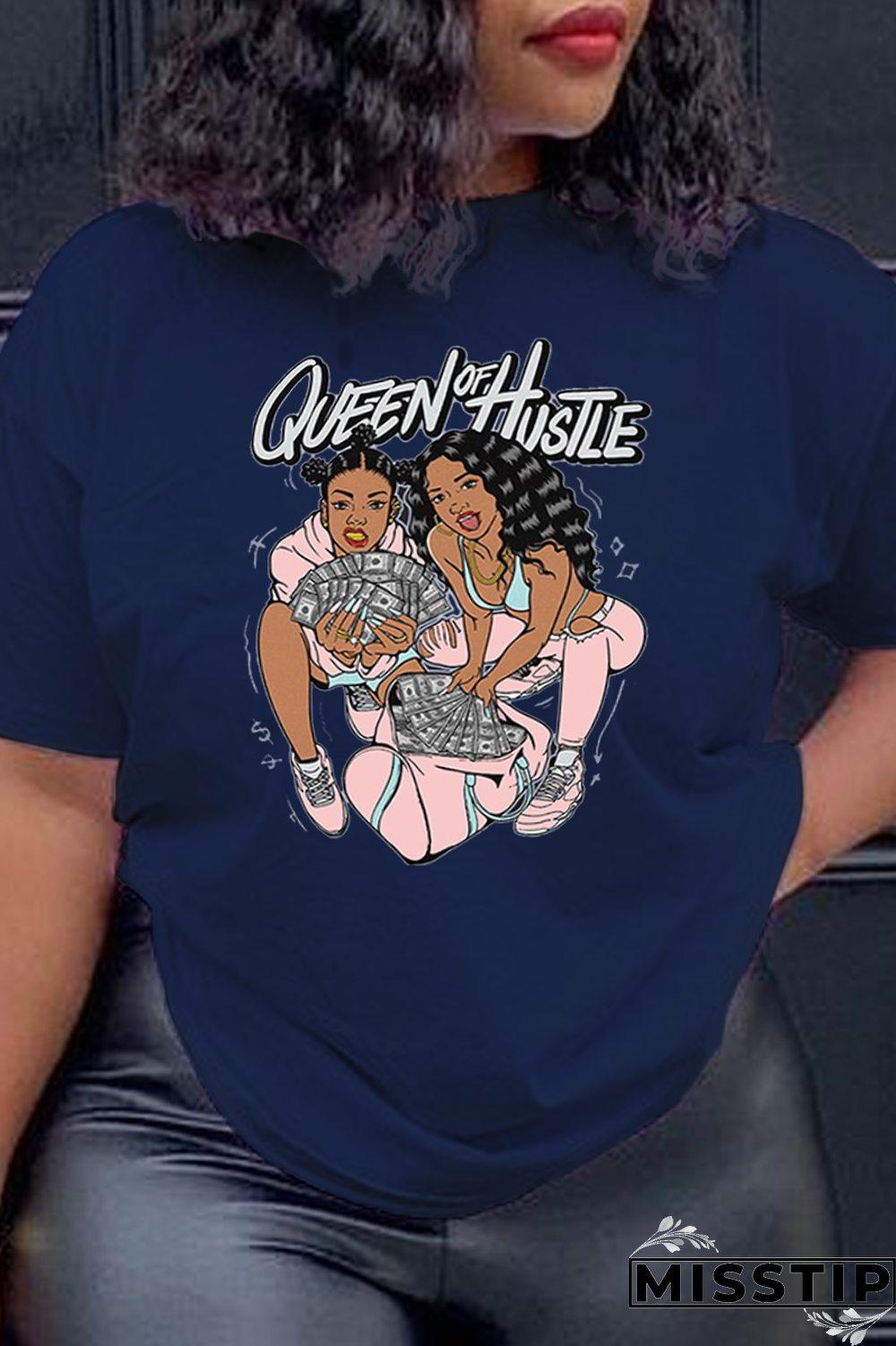 Navy Blue Casual Street Print Patchwork O Neck T-Shirts