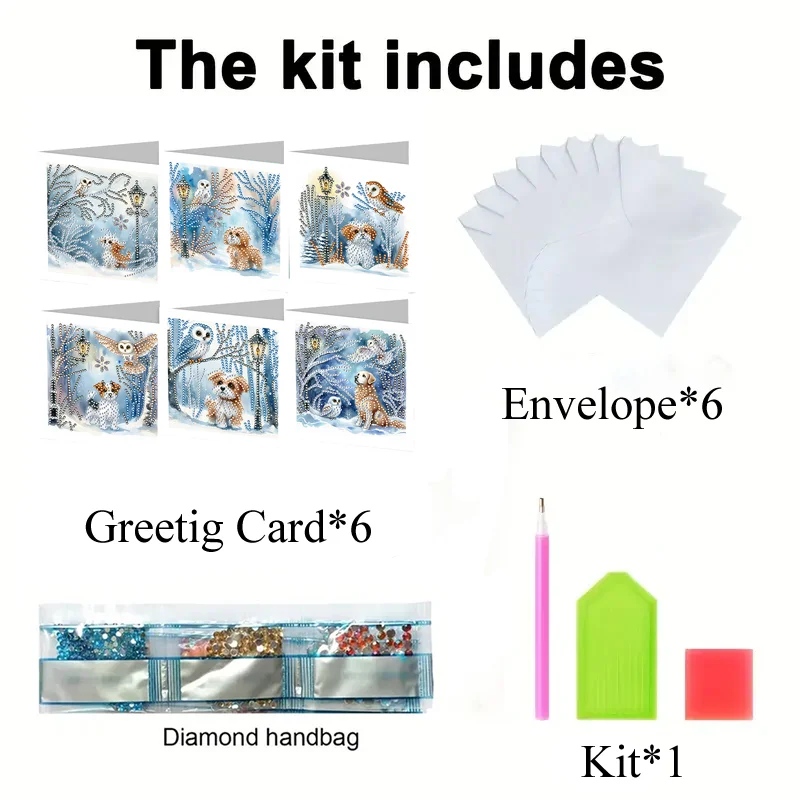 6Pcs Snow Puppy DIY Diamond Painting Greeting Card 5D Drill Painting Card Kit【With White Envelope】