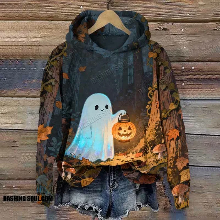 Halloween Ghost Holding A Lighting Jack-o'-lantern Print Long Sleeve Hoodie