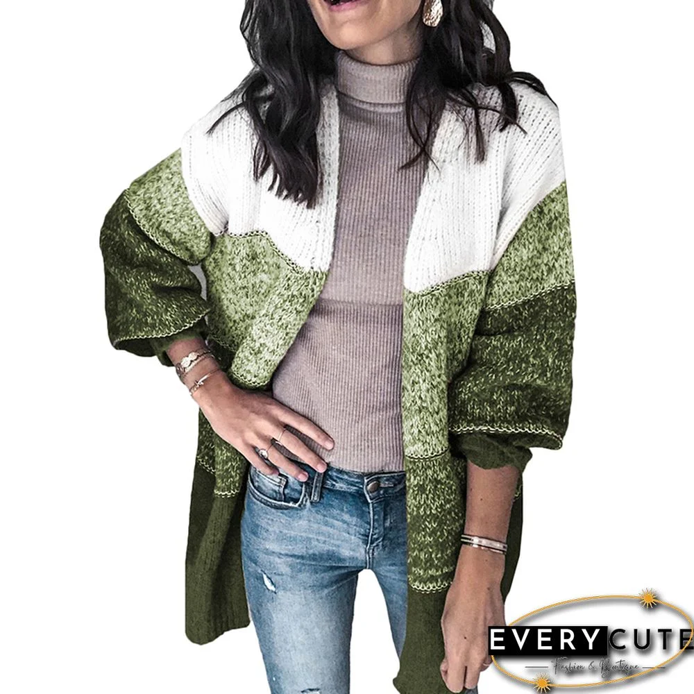 Green Colorblock Casual Style Cardigan
