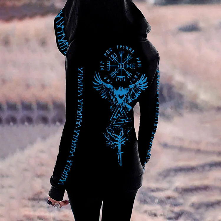 VChics Retro Viking Valhalla Hawk Totem Print Zip Hoodie