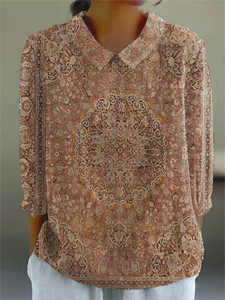 Women's Boho Vintage Art Print Casual Cotton And Linen 3/4 Sleeve Shirt