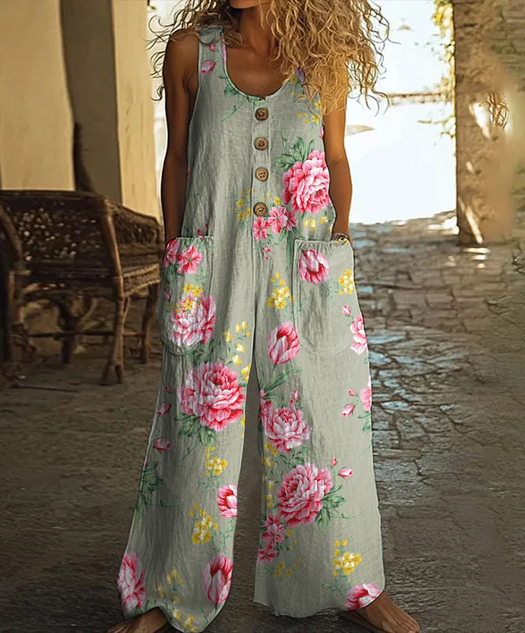 Vintage Floral Print Casual Wide-leg Jumpsuit