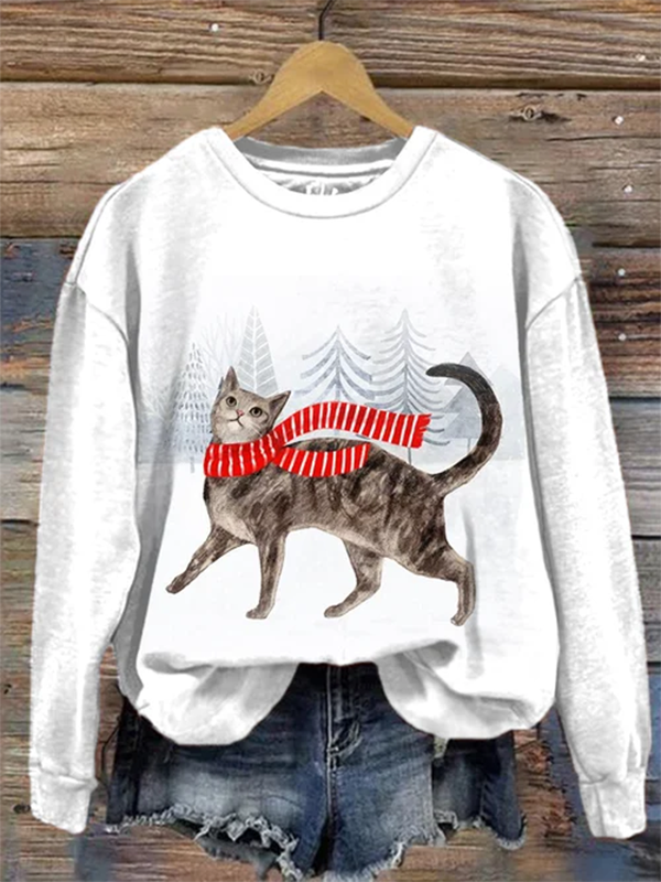 Women's Christmas Cat With Scarf Winter Graphic Print Sweatshirt