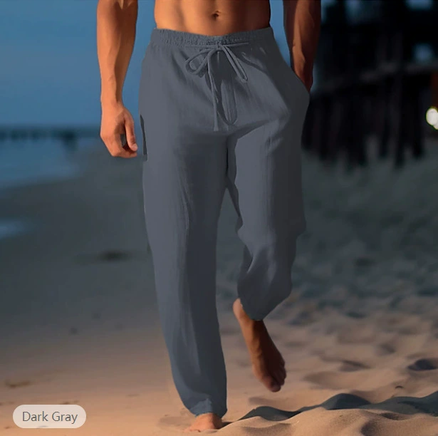 Men's Casual Solid Color Cotton And Linen Comfortable Vacation Trousers