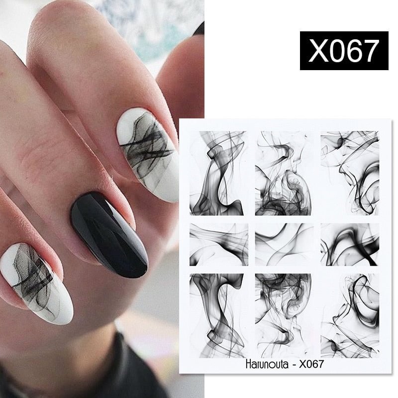 1 Sheet Harunouta Black Ink Painting Nail Water Decals Summer Theme Fruit Flower Alphabet Leaves Nail Art Water Stickers