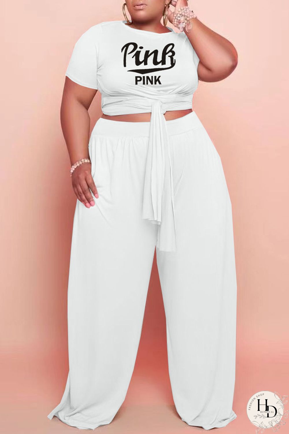White Fashion Casual Letter Print Bandage O Neck Plus Size Two Pieces