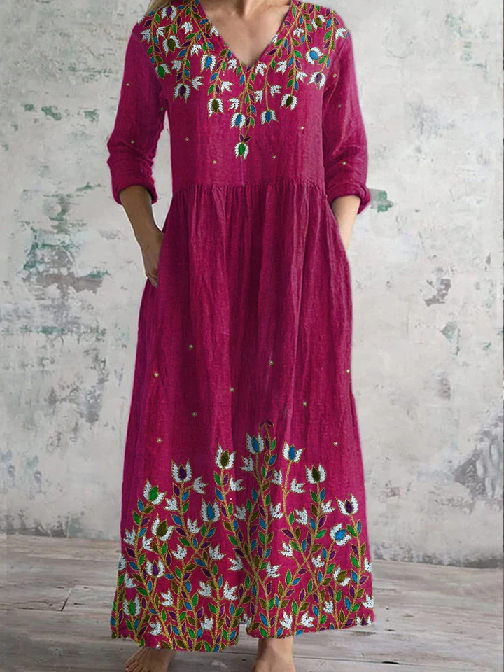 Womens Artistic Curve Symmetrical Floral Pattern Cotton And Linen Dress