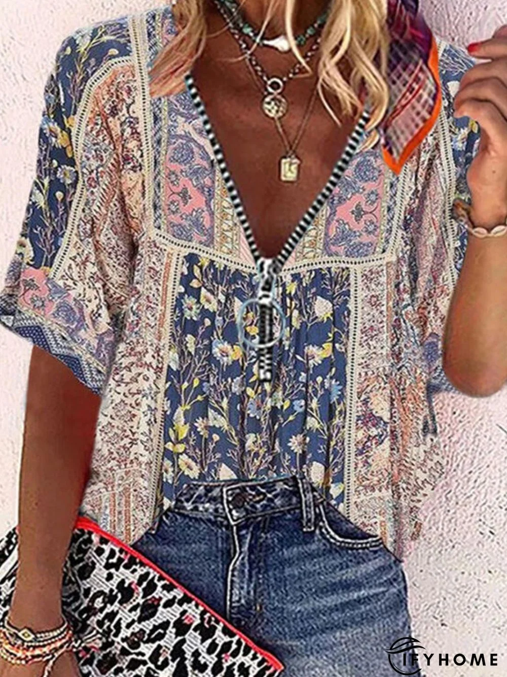 Vintage Short Sleeve V Neck Geometric Floral Printed Casual Tops | IFYHOME
