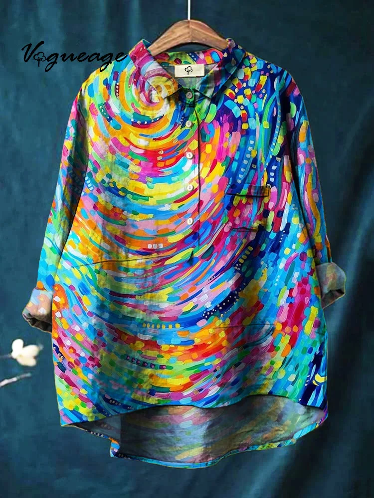 Fashionable And Beautiful Colorful Curved Lines Printed Cotton And Linen Shirt