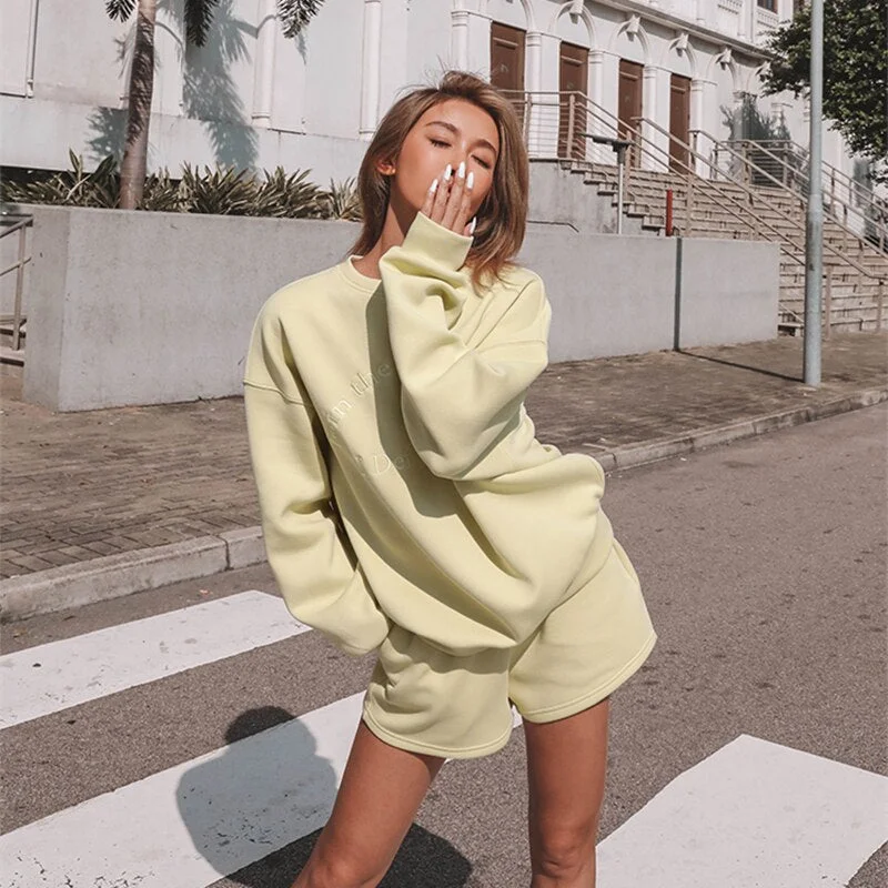 Spring Autumn Women Tracksuit Loose Two Piece Sets Casual Long Sleeve Letter Sweatshirt & Elastic Waist Shorts Outfits