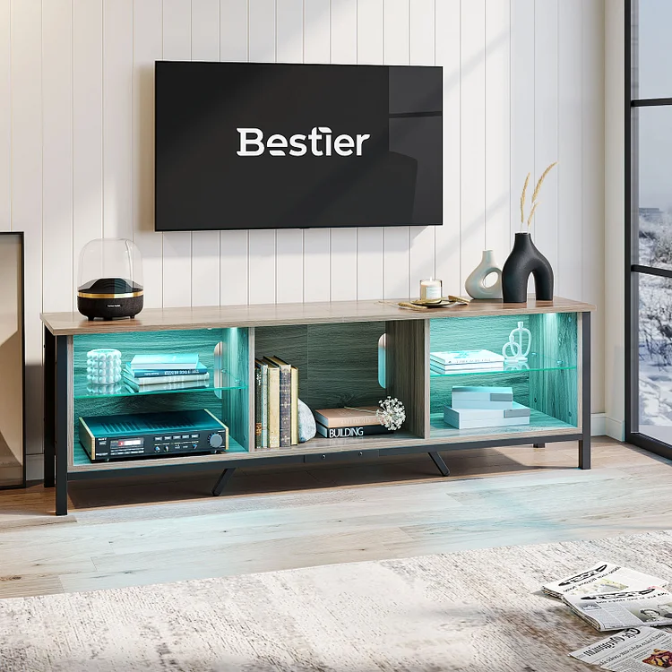Bestier 70 Inch TV Stand for TVs up to 80", Entertainment Center with RGB LED Lights & Open Storage, Pinewood