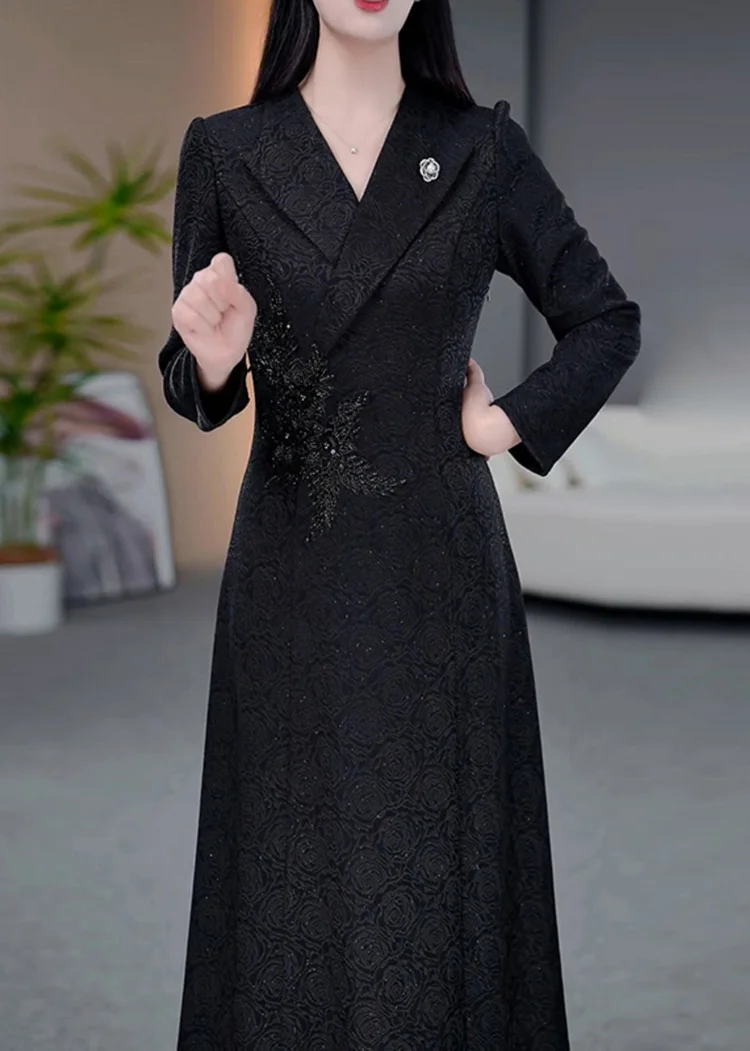 long sleeve black occasion dress A-line V neck Black Prom Dress Long Sleeve Lace Applique Tulle Evening –  SELINADRESS