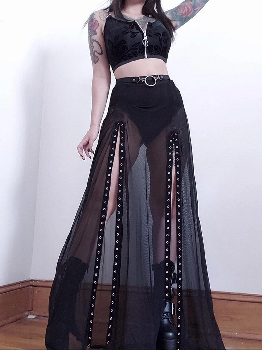 Gothic Double Slit Mesh Skirt in Black