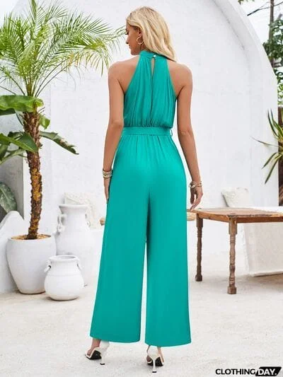 Ruched Slit Tied Sleeveless Jumpsuit