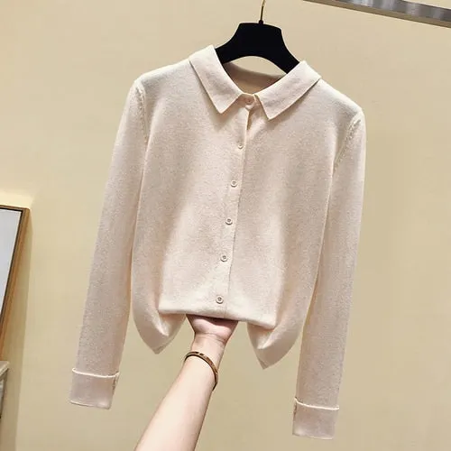 Spring Autumn Long Sleeve Single Breasted Women Sweater Polo Collar Knitted Cardigan Loose Lazy Lapel Bottoming Shirt Coat 11181