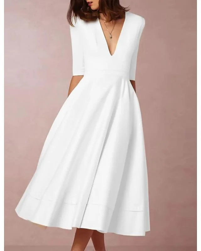 Women's Swing Dress Midi Dress Half Sleeve Hot White S M L XL XXL 3XL