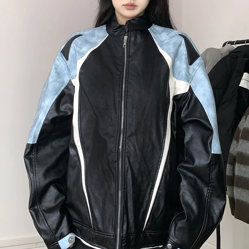 Zingj Zingj Collar Autumn And Winter Color Cleanfit Jacket Men And Women's Baseball Uniform Game Motorcycle Tie-Dye PU Leather Coat Tide