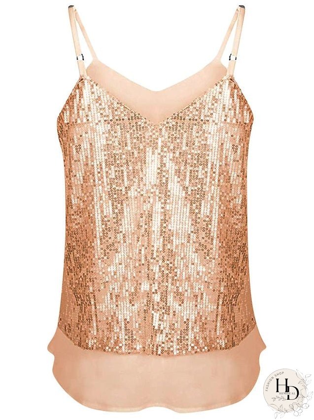 Camisole Tank Top Vest Black White Yellow Sparkly Sequins Layered Sleeveless Stage Streetwear Sexy V Neck Regular S for Women