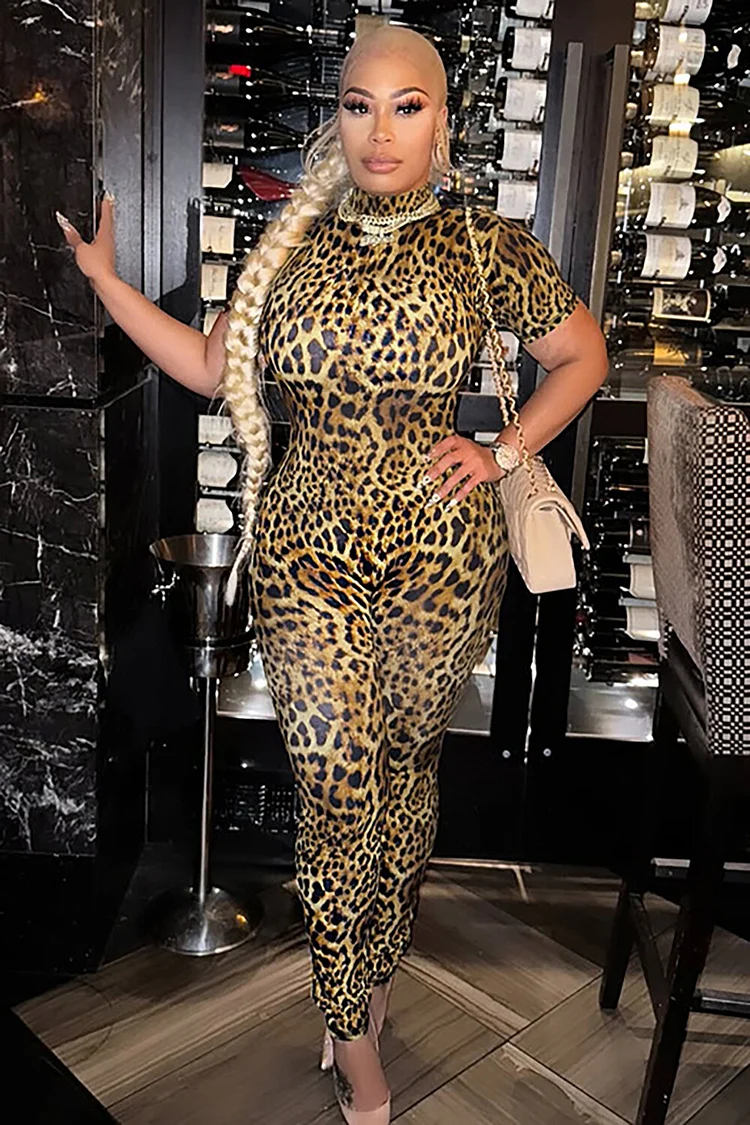 Leopard Print Stand Collar Short Sleeve Open Back Skinny Jumpsuit-Yellow