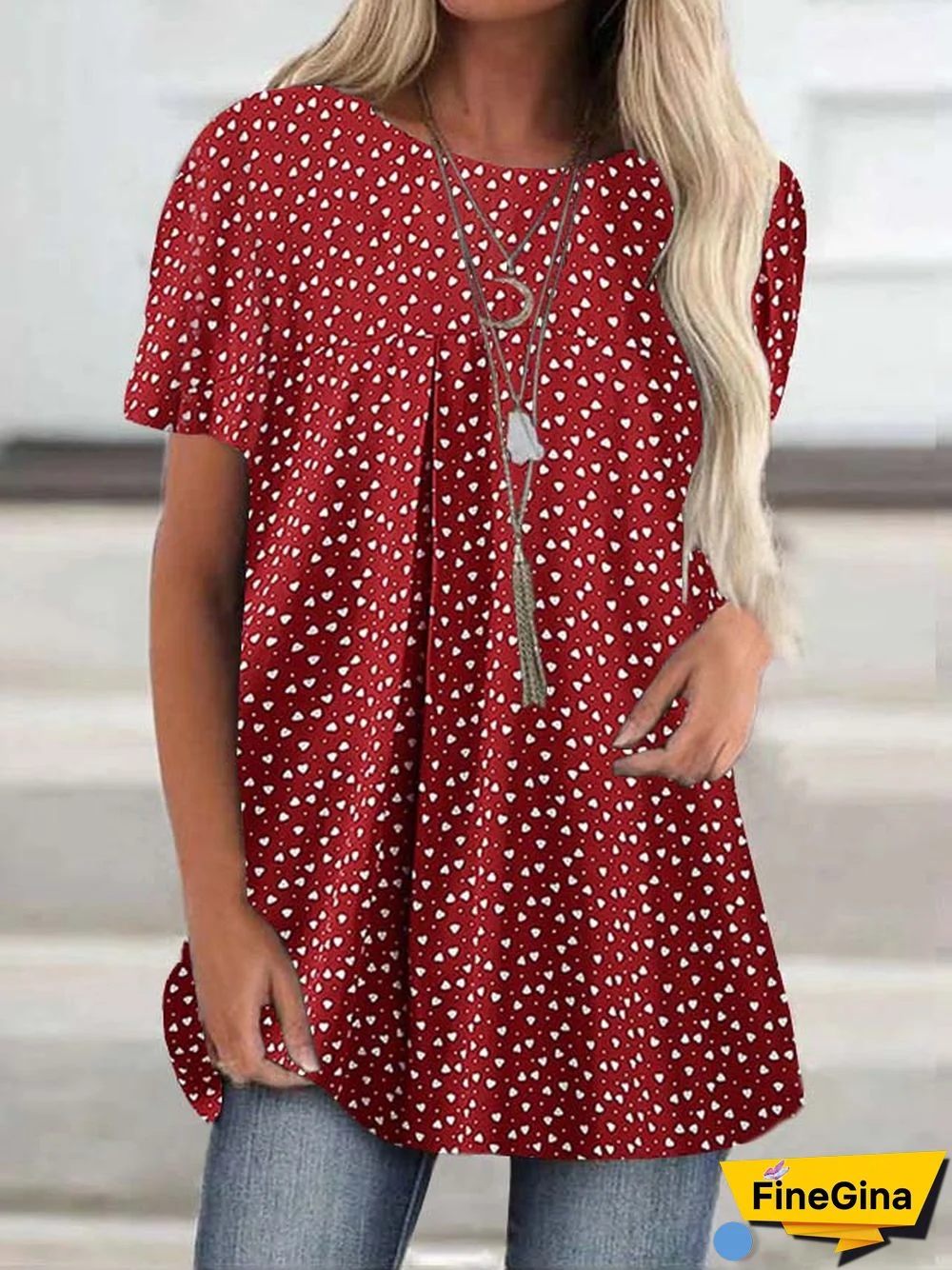 Women Casual Short Sleeve Scoop Neck Heart Polka Dot Printed Tops