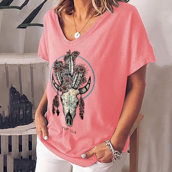 Cow Skull Cactus Printed Casual T-shirt