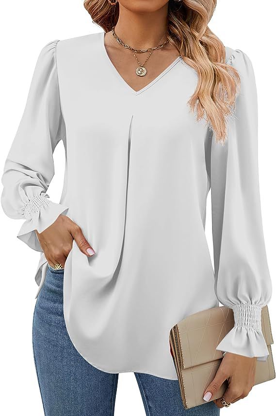 Vurtigorasn Women's New Solid Color Chiffon Shirt V-neck Pullover Flared Long Sleeved Top Shirt Office Lady Elegant Khaki Loose Blouses