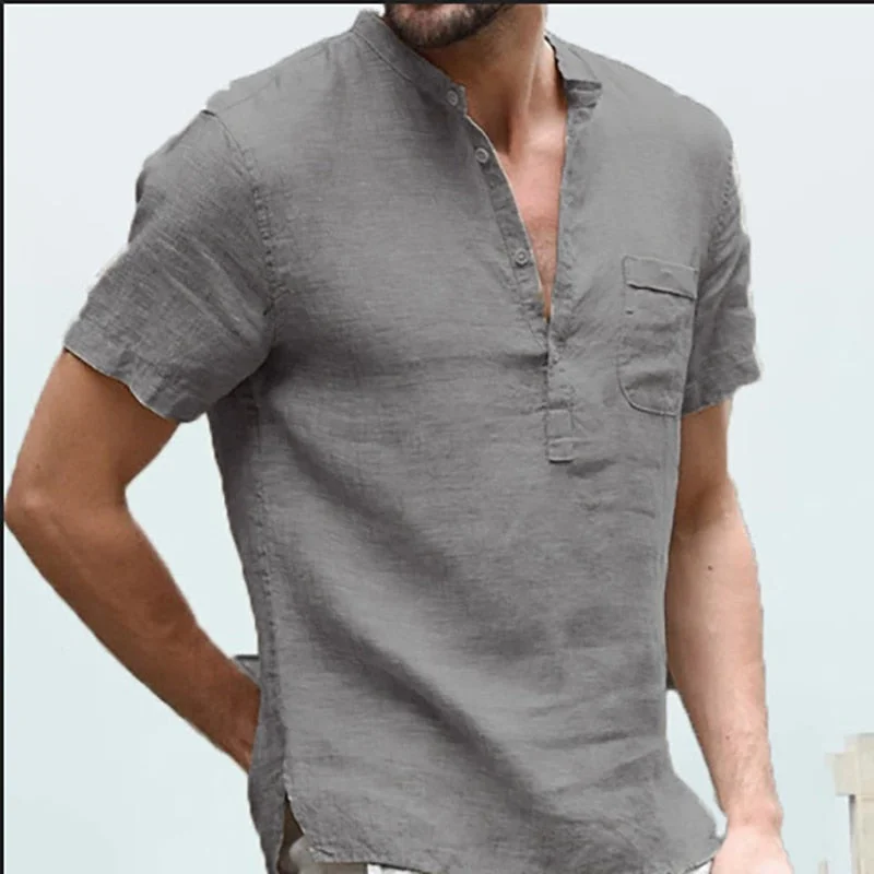 Men's Linen T-Shirt Summer Fashion Button V-Neck Short Sleeve Tee Tops Male Casual Solid Color Patch Pocket T Shirts Streetwear