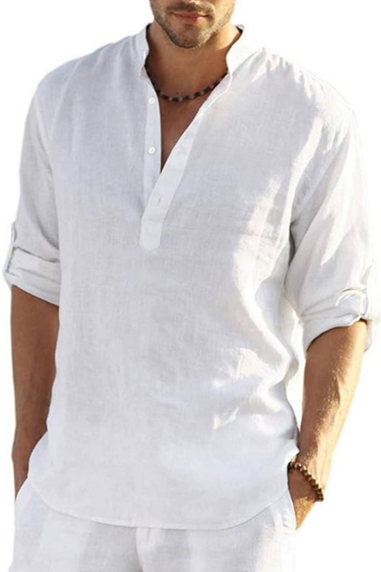 Tiboyz Solid Color Henley Collar Men's Cotton Linen Shirt