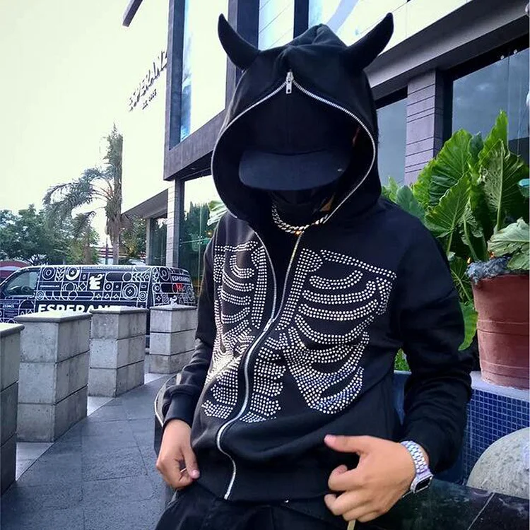 Y2K Skeleton Rhinestone Print Hoodie Gothic Full Zip Long Sleeve Hooded Sweatshirt-VESSFUL
